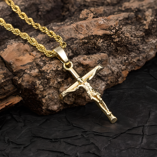 14K Gold Plated Rope Chain Cross Pendant