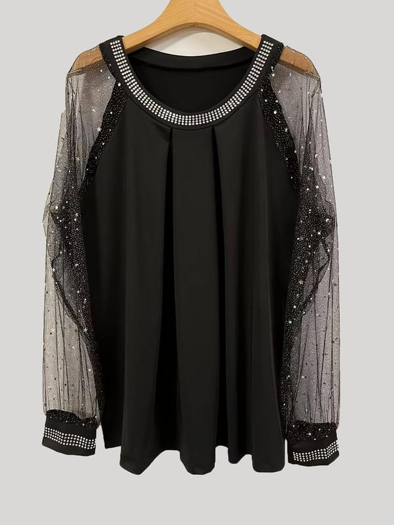Women'S Rhinestone Mesh Sleeve Top, Casual Fitted Blouse with Sparkling Details, Stylish Fashion Tee